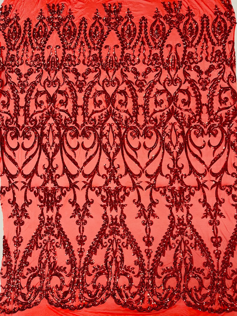 4 Way Stretch - Red - Sequins Damask Design Fabric Embroidered On Mesh Sold By The Yard