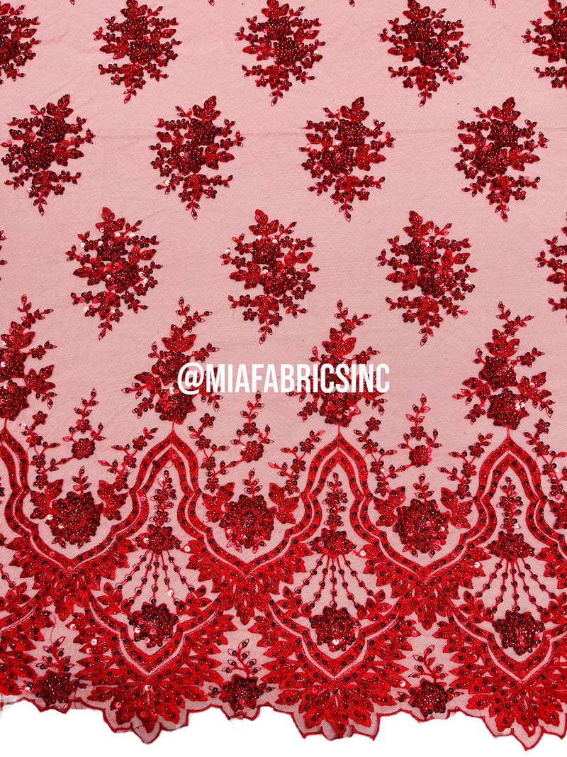 Round Flower Beaded Fabric - Red - Embroidered Fashion Design Beads and Sequins On Mesh by The Yard