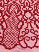 Beaded Fashion Design Fabric - Red - Beaded Embroidered Damask Style Fabric on Mesh By Yard