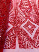 Beaded Diamond Design Fabric - Red - Beaded Embroidered Diamond Zig Zag Design on Mesh By Yard