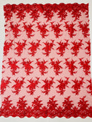 Floral Plant Lace Fabric - Red - Flower Plant Design Lace Sequins Fabric Sold By Yard