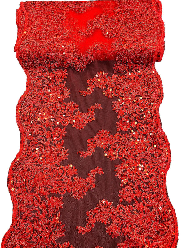 14" Metallic Floral Design Lace Table Runner - Red - Event Table Decor Runner Sold By Yard