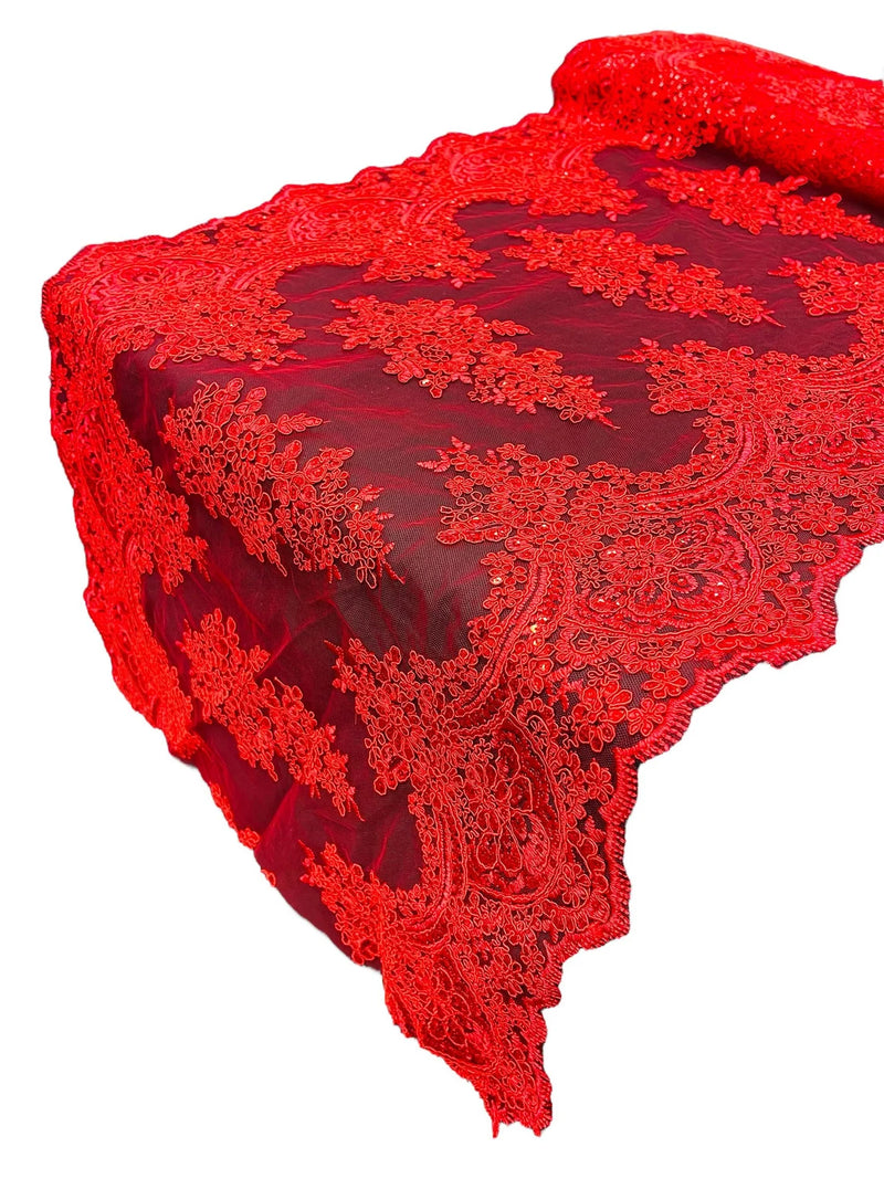 21" Floral Lace Metallic Design Table Runner - Red - Floral Runner for Event Decor Sold By The Yard