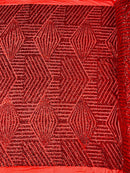 4 Way Stretch - Red - Geometric Design Sequins On Mesh Elegant Fabrics Sold By Yard