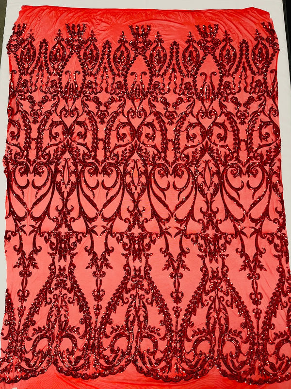 4 Way Stretch - Red - Sequins Damask Design Fabric Embroidered On Mesh Sold By The Yard