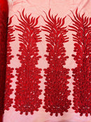 3D Beaded Peacock Feathers - Red - Vegas Design Embroidered Sequins and Beads On a Mesh Lace Fabric (Choose The Panels)