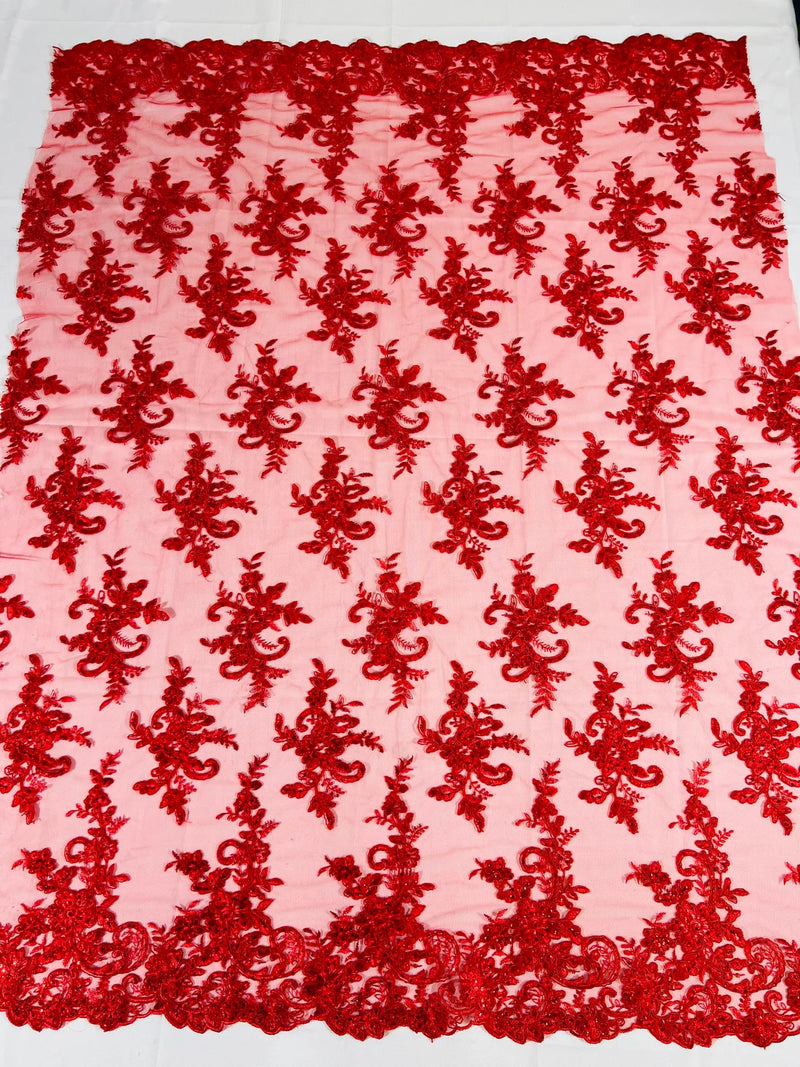 Lace Flower Cluster Fabric - Red - Embroidered Flower With Sequins on a Mesh Lace Fabric By Yard