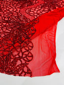 Elegant Floral Leaf Design - Red - 4 Way Stretch Sequins Lace Spandex Fabric By Yard