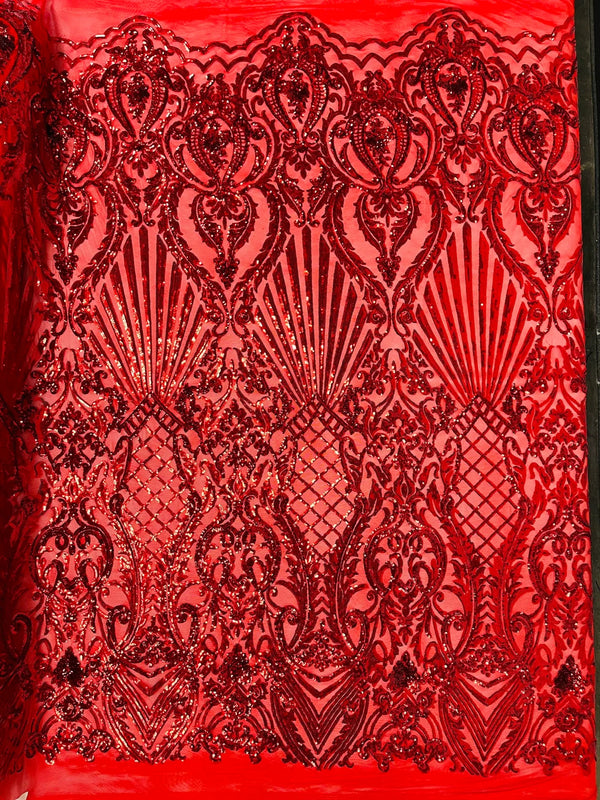 Damask Geometric Sequins - Red #2 - 4 Way Stretch Sequins Damask Pattern Design Sold By Yard