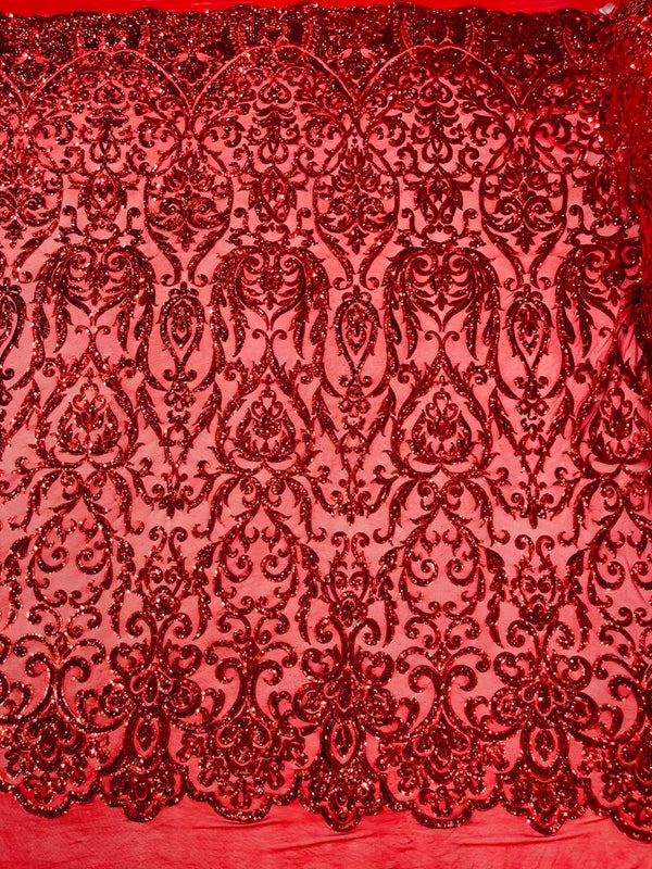 Damask Decor Sequins - Red - 4 Way Stretch Design High Quality Fabric By Yard