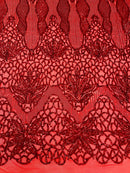 Elegant Floral Leaf Design - Red - 4 Way Stretch Sequins Lace Spandex Fabric By Yard
