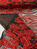 Big Damask Sequins Fabric - Red on Black - 4 Way Stretch Damask Sequins Design Fabric By Yard