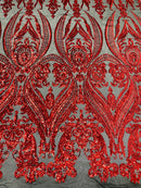 Big Damask Sequins Fabric - Red on Black - 4 Way Stretch Damask Sequins Design Fabric By Yard