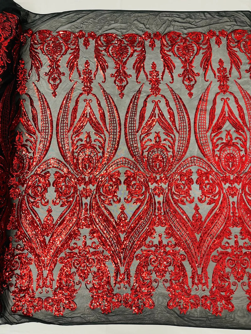 Big Damask Sequins Fabric - Red on Black - 4 Way Stretch Damask Sequins Design Fabric By Yard