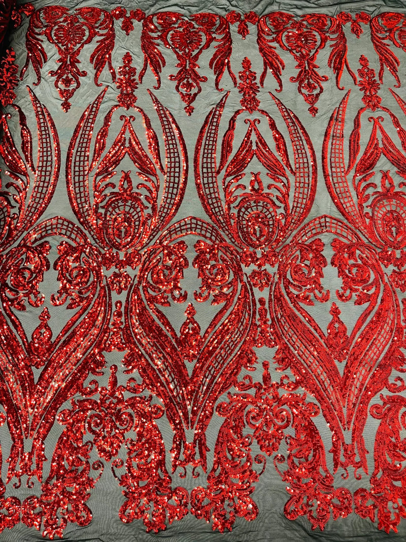 Big Damask Sequins Fabric - Red on Black - 4 Way Stretch Damask Sequins Design Fabric By Yard