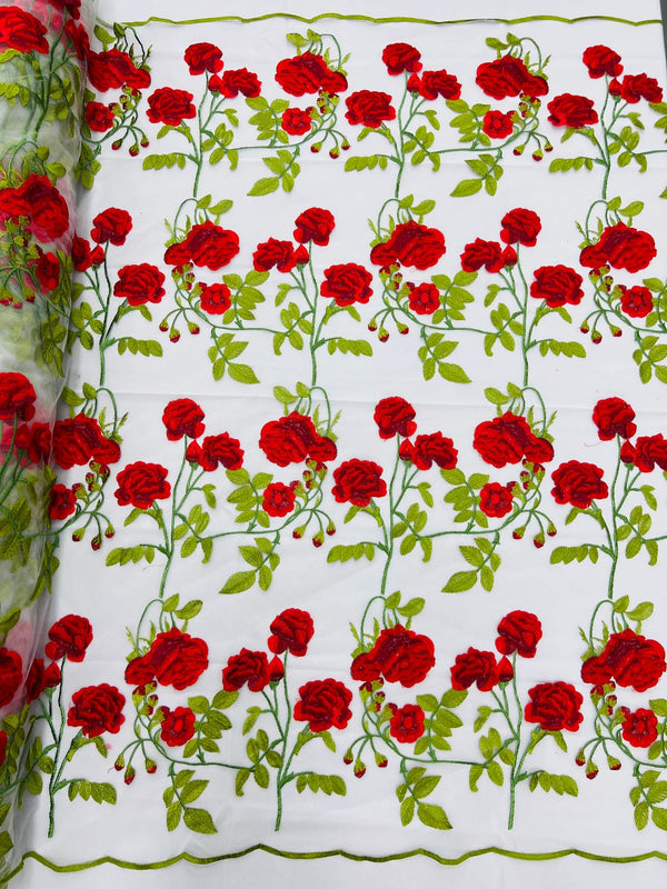 Rose Plant Lace Fabric - Red on White - Embroidered Full Rose Design on Lace By Yard