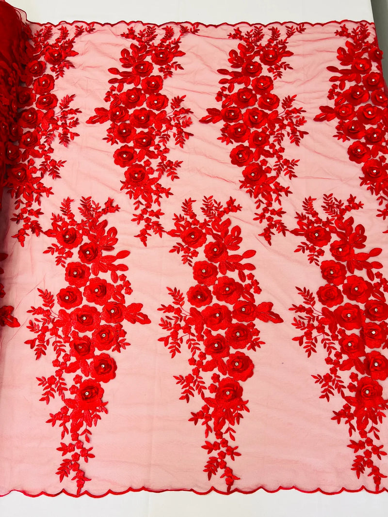 3D Rhinestone Rose Fabric - Red - Embroidered 3D Roses Design on Mesh Fabric Sold by Yard