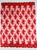 Lace Flower Cluster Fabric - Red - Embroidered Flower With Sequins on a Mesh Lace Fabric By Yard
