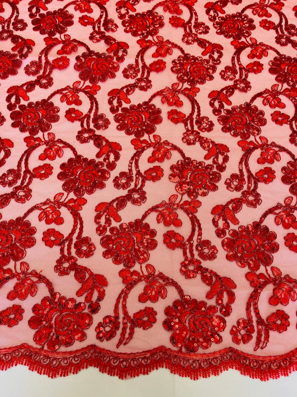 Embroidered Flower Lace - Red - Corded Floral Lace With Sequins Sold By Yard