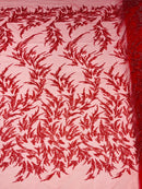 Leaf Plant Cluster Design Fabric - Red - Beaded Embroidered Leaves Design on Lace Mesh By Yard