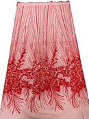 Beaded Floral Line Fabric - Red - Beaded Embroidered Lines and Flowers on Mesh By Yard
