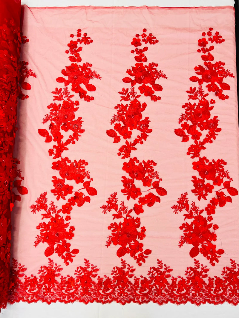 Floral 3D Rose Fabric - Red - Embroided Rose Flower Design Fabric Sold by Yard