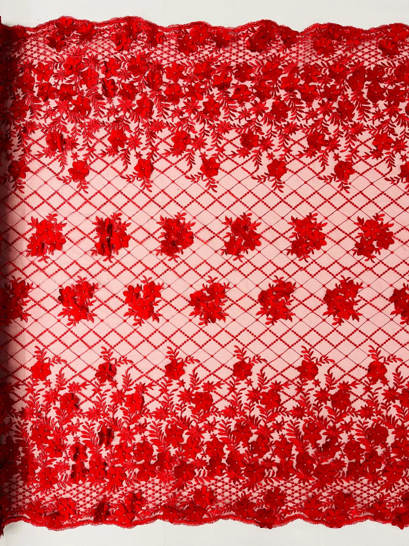 3D Floral Pearl Fabric - Red - 3D Triangle Flower Design on Mesh By Yard
