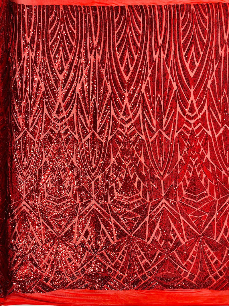 Geometric Fabric - Red - Geometric Sequins Pattern Design 4 Way Stretch Sold By Yard