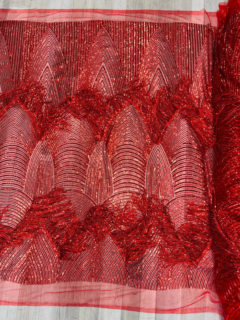 Fringe Sequins Fabric - Red - 2 Way Stretch Glamorous Fringe Design on Mesh By Yard