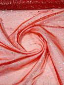 Foil Star Organza - Silver On Red - 60" Sheer Silver Star Organza Fabric Sold By Yard