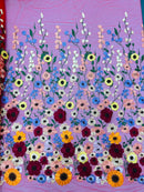 3D Floral and Leaves Embroidery - Red - Multi Color Flower Design on Mesh by Yard