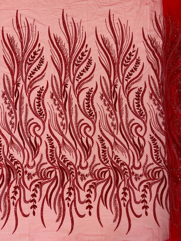 Sea Plant Design Fabric - Red - Beaded Embroidered Sea Plant Design Fabric by Yard