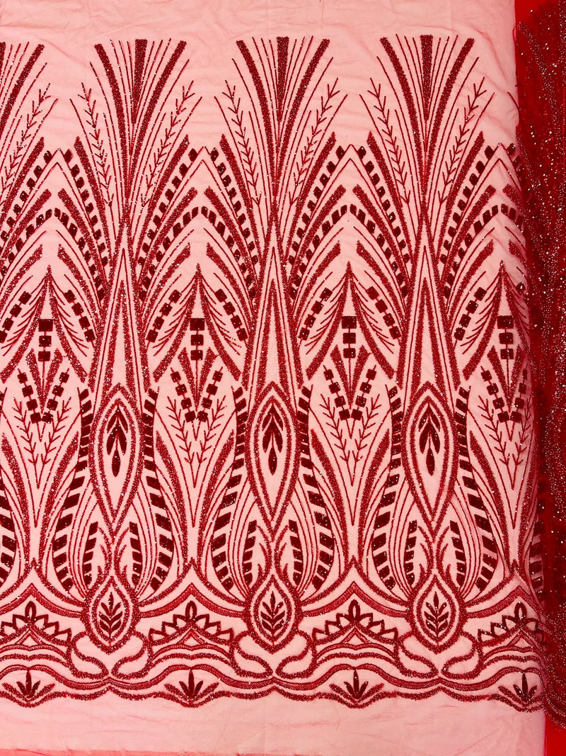 Beaded Pattern Fabric - Red - Embroidered Fancy Beads Pattern On Mesh Fabric Sold By Yard