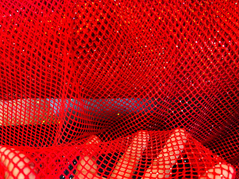 Fish Net Spandex Rhinestone Fabric - Red - Solid Spandex Fish Net Design Fabric with Rhinestones by Yard