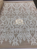 4 Way Stretch - White - Sequins Damask Design Fabric Embroidered On Mesh Sold By The Yard