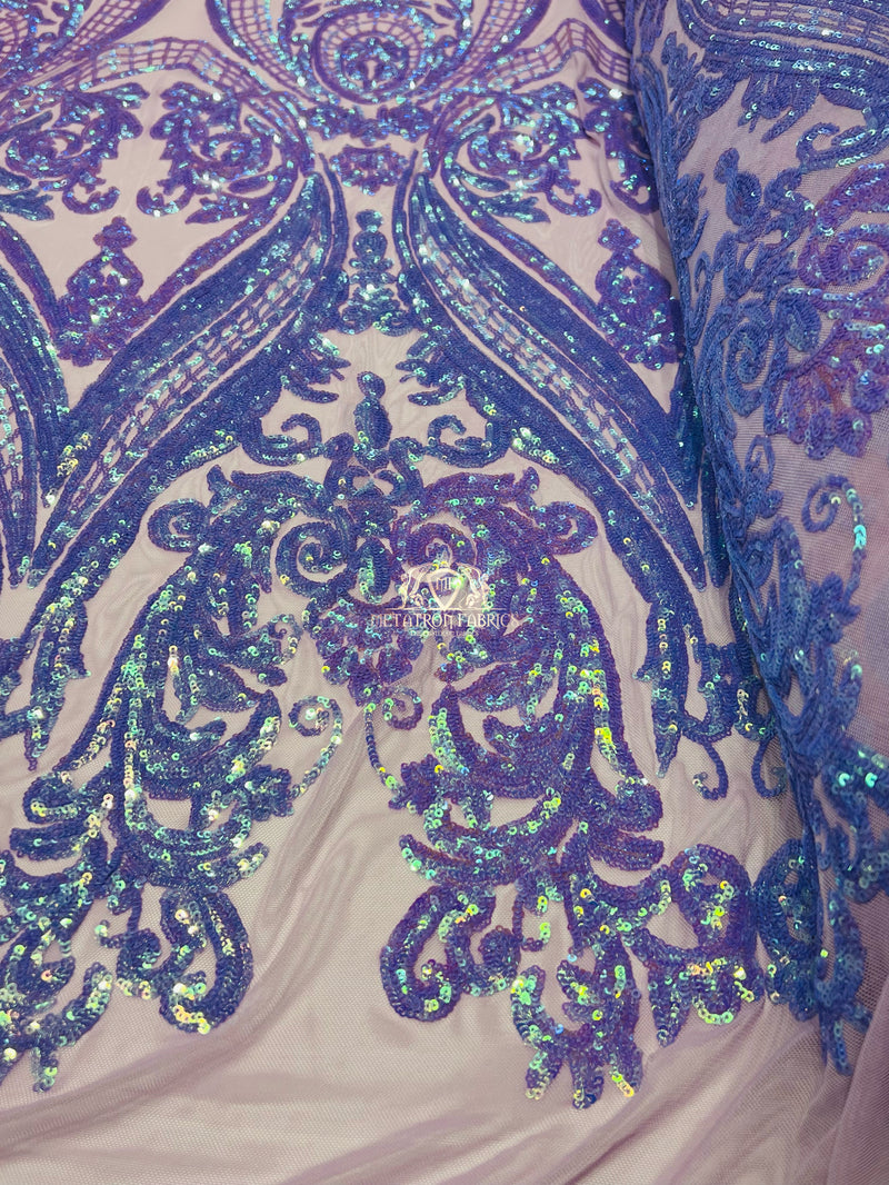 Big Damask Sequins Fabric - Iridescent Lilac - 4 Way Stretch Damask Sequins Design Fabric By Yard