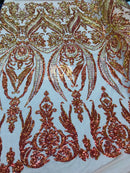Big Damask Sequins Fabric - Orange - 4 Way Stretch Damask Sequins Design Fabric By Yard