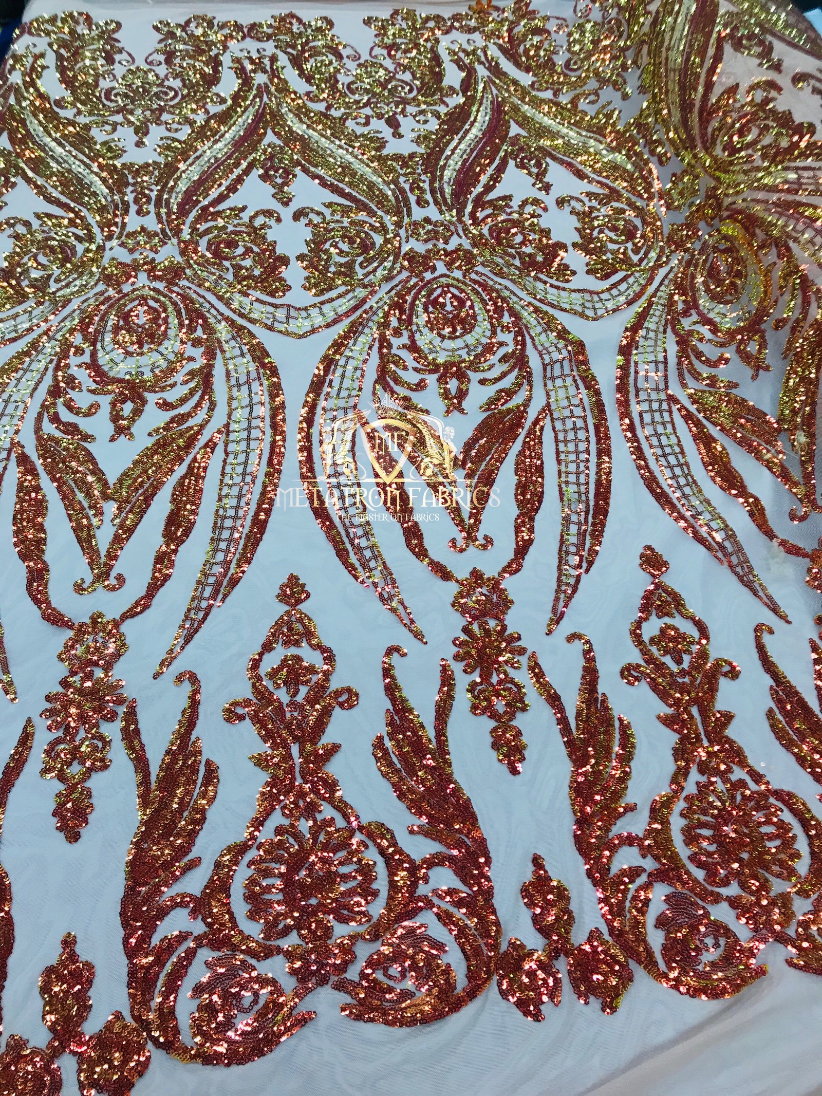 Big Damask Sequins Fabric - Orange - 4 Way Stretch Damask Sequins Desi