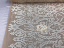 4 Way Stretch - White - Sequins Damask Design Fabric Embroidered On Mesh Sold By The Yard