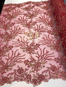 Beaded - Fuschia - Fancy Flower Design Sequins Fabric with Beads Sold By The Yard