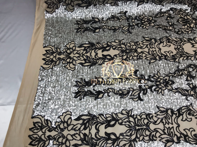 4 Way Stretch - Silver and Black - Two Tone Flower Design Sequins On Stretch Mesh By The Yard