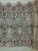 Damask Geometric Sequins - Rose Gold - 4 Way Stretch Sequins Damask Pattern Design Sold By Yard