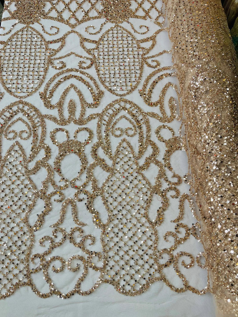 Beaded Fashion Design Fabric - Rose Gold - Beaded Embroidered Damask Style Fabric on Mesh By Yard