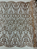 Heart Damask Sequins - Rose Gold - 4 Way Stretch Elegant Shiny Net Sequins Fabric By Yard
