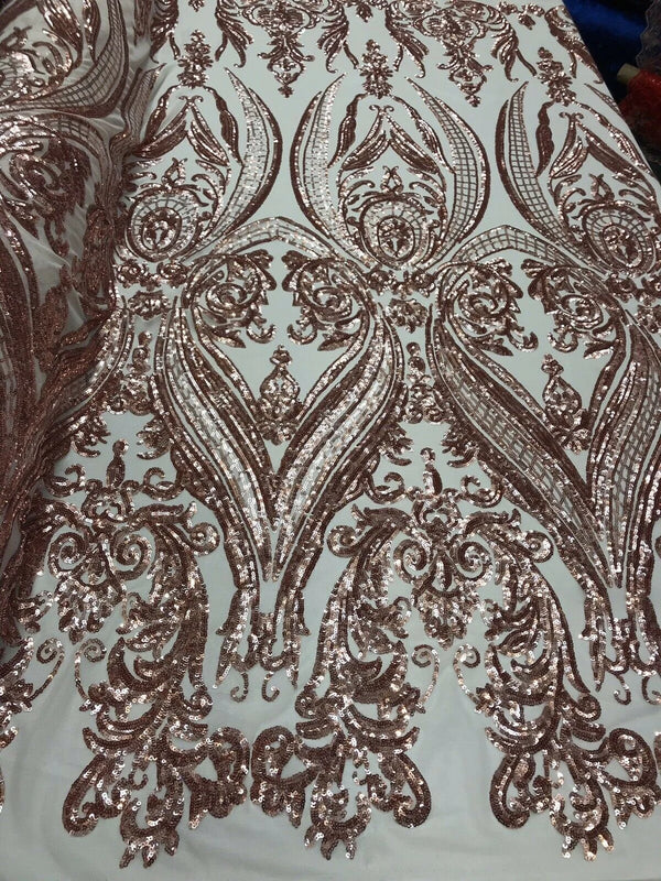 Big Damask Sequins Fabric - Rose Gold - 4 Way Stretch Damask Sequins Design Fabric By Yard