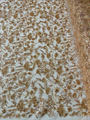 Floral Pattern Beaded Fabric - Rose Gold - Embroidered Bead & Sequins Wedding Bridal Fabric Sold By The Yard