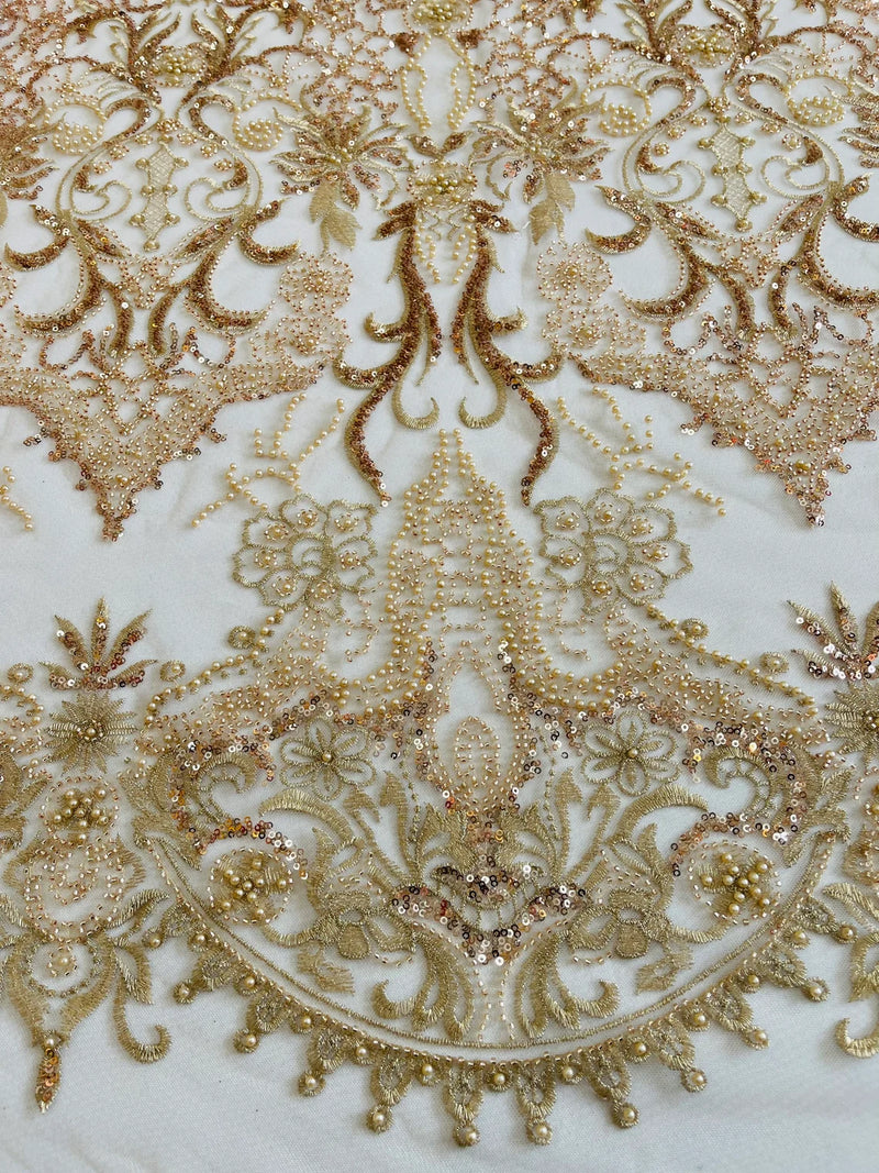 Beaded Fabric by yard - Rose Gold - Damask Pattern With Beads and Sequin, Appliqué Lace for Bridal and Prom Dress