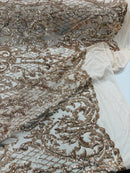 Heart Damask Sequins - Rose Gold - 4 Way Stretch Elegant Shiny Net Sequins Fabric By Yard