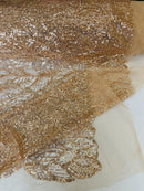 Beaded Leaf Designs Fabric - Rose Gold - Embroidered Beads in Leaves Pattern Sold By Yard