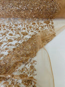 Floral Pattern Beaded Fabric - Rose Gold - Embroidered Bead & Sequins Wedding Bridal Fabric Sold By The Yard